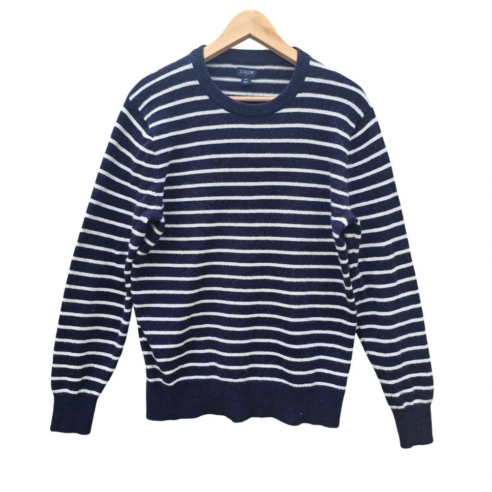 J. Crew Factory Mens Striped Wool Blend Sweater Crew Neck Navy Blue White Medium